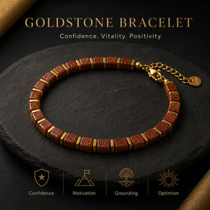 Goldstone bracelet benefits infographic showing confidence, motivation, grounding and optimism