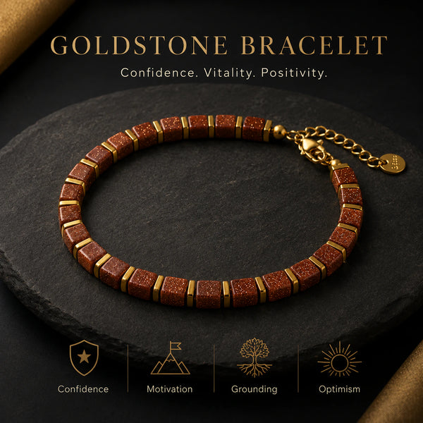 Goldstone bracelet benefits infographic showing confidence, motivation, grounding and optimism