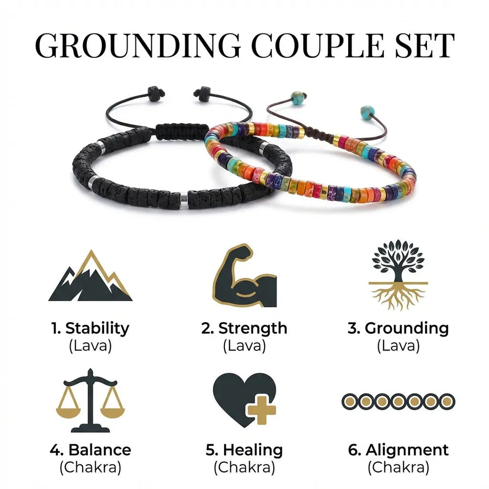 Lava rock and 7 chakra couple bracelet combo worn on wrists for grounding - Soultheory India