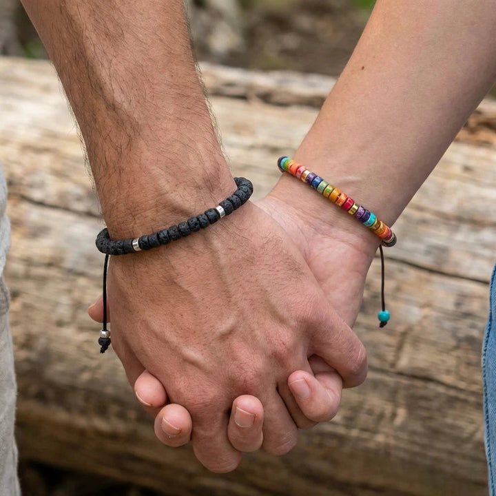 Lava rock and 7 chakra couple bracelet combo worn on wrists for grounding - Soultheory India