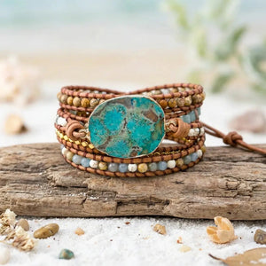 Healing ocean jasper wrap bracelet with turquoise centre stone on driftwood for calm - Soultheory India