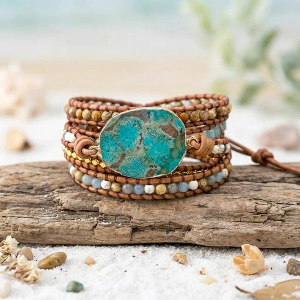 Healing ocean jasper wrap bracelet with turquoise centre stone on driftwood for calm - Soultheory India