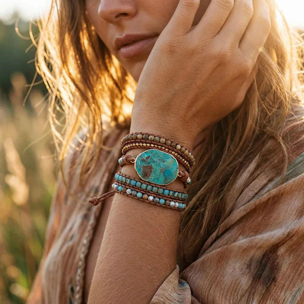 Healing ocean jasper wrap bracelet with turquoise centre stone on driftwood for calm - Soultheory India