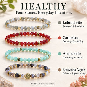 Soultheory Healthy 4 mm bracelet stack with Labradorite, Carnelian - stone benefits with colour markers