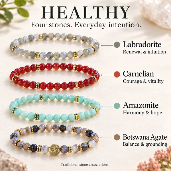 Soultheory Healthy 4 mm bracelet stack with Labradorite, Carnelian - stone benefits with colour markers