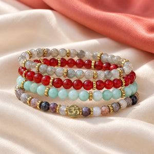 Soultheory Healthy 4 mm bracelet stack with Labradorite, Carnelian - fabric styling photograph
