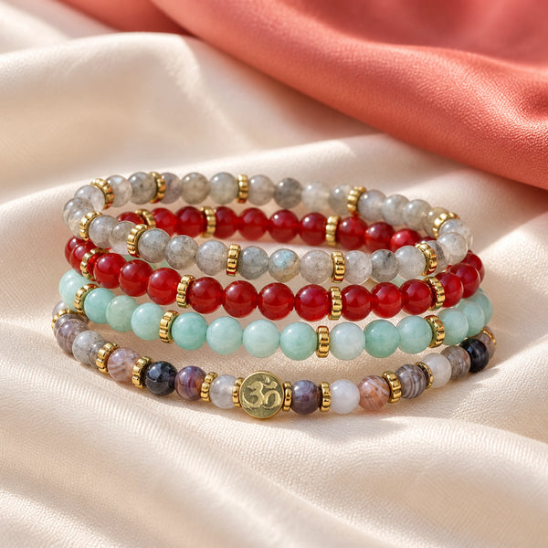 Soultheory Healthy 4 mm bracelet stack with Labradorite, Carnelian - fabric styling photograph
