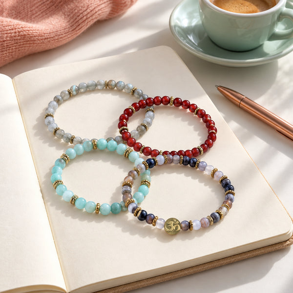 Soultheory Healthy 4 mm bracelet stack with Labradorite, Carnelian - everyday-use styling photograph