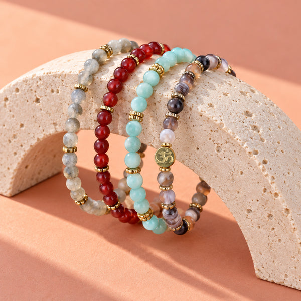 Soultheory Healthy 4 mm bracelet stack with Labradorite, Carnelian - editorial product photograph
