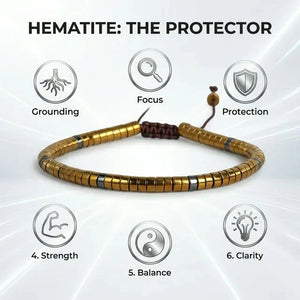 Gold hematite bracelet benefits chart showing grounding, focus, protection, strength, balance and clarity