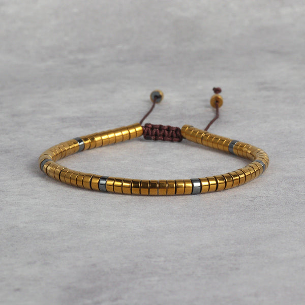 Natural gold hematite bracelet with adjustable cord for grounding and protection - Soultheory India