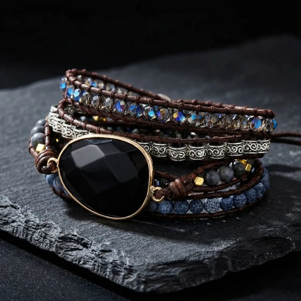 Natural Black Onyx Wrap Bracelet for Strength, Focus & Protection