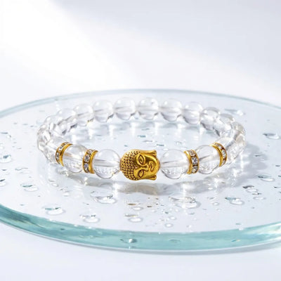 Natural clear quartz Sphatik bracelet with gold Buddha for clarity and focus - Soultheory India