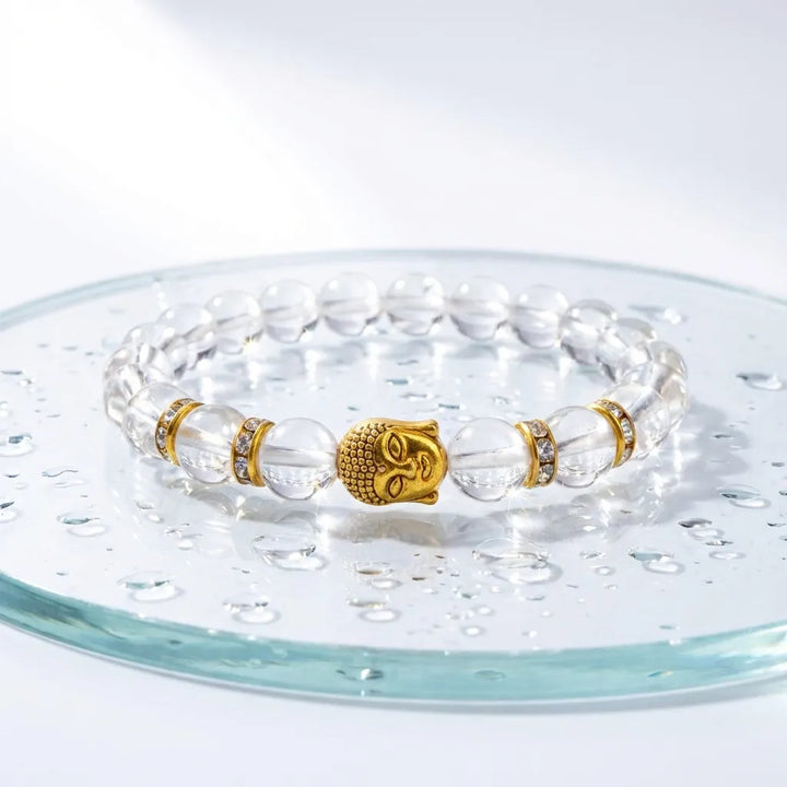 Natural clear quartz Sphatik bracelet with gold Buddha for clarity and focus - Soultheory India
