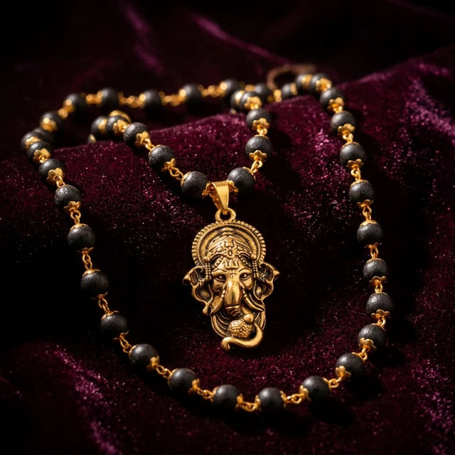 Karungali Necklace with Lord Ganesha Gold Plated Pendant