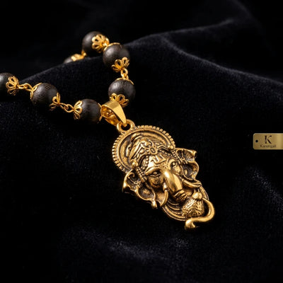 Karungali Necklace with Lord Ganesha Gold Plated Pendant - Soultheory certified