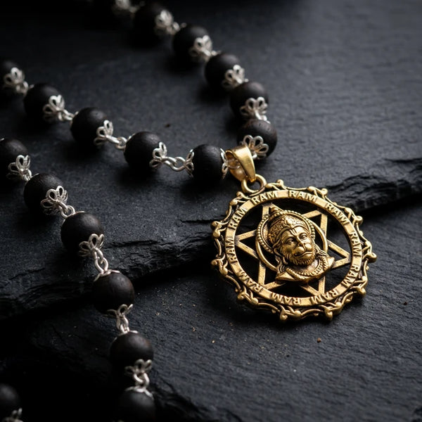 Karungali Necklace with Hanuman Gold Plated Pendant