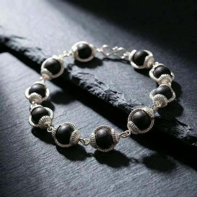 Karungali Malai Silver Cap Bracelet Modern - Ebony Wood