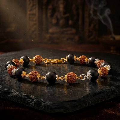 Karungali and rudraksha bracelet with gold caps for protection and prosperity - Soultheory India