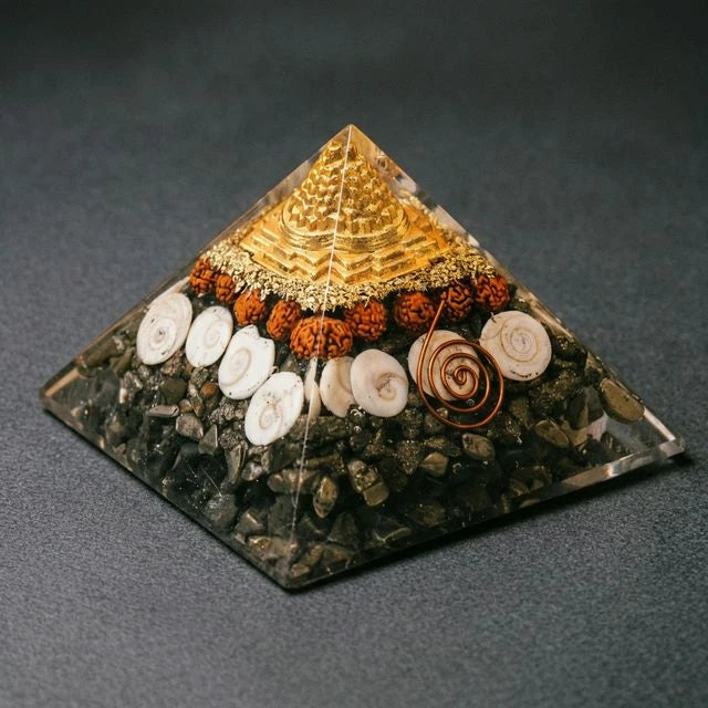 Lakshmi Yantra Pyramid with Shree Yantra, Rudraksha, Gomti Chakra & Pyrite - Soultheory certified