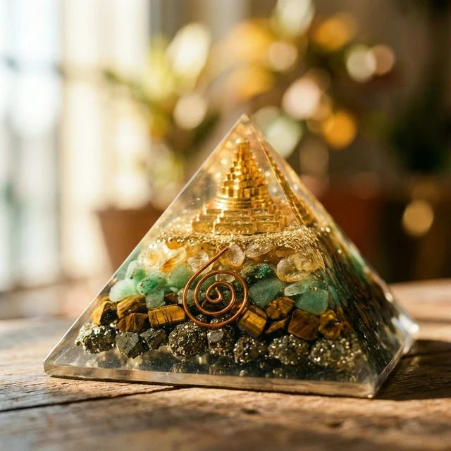 Money Magnet Pyramid with Pyrite, Tiger Eye, Citrine and Aventurine Stones