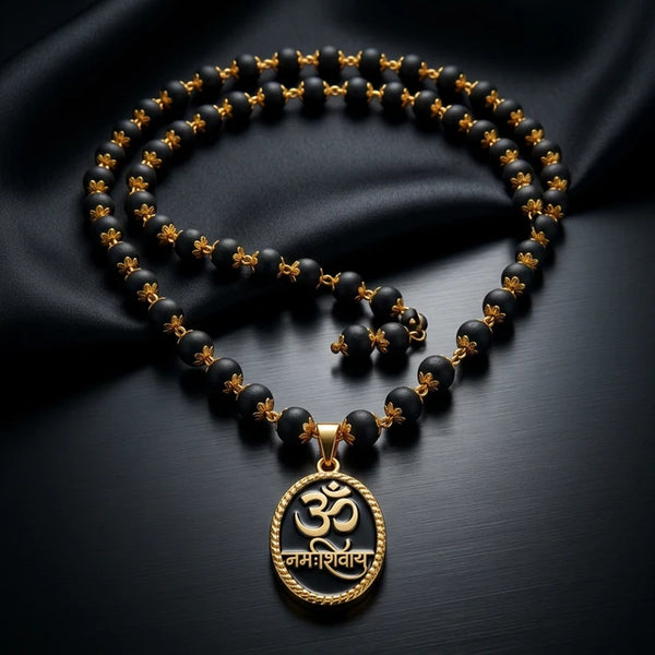 Karungali Necklace with Om Namah Shivay Gold Plated Pendant