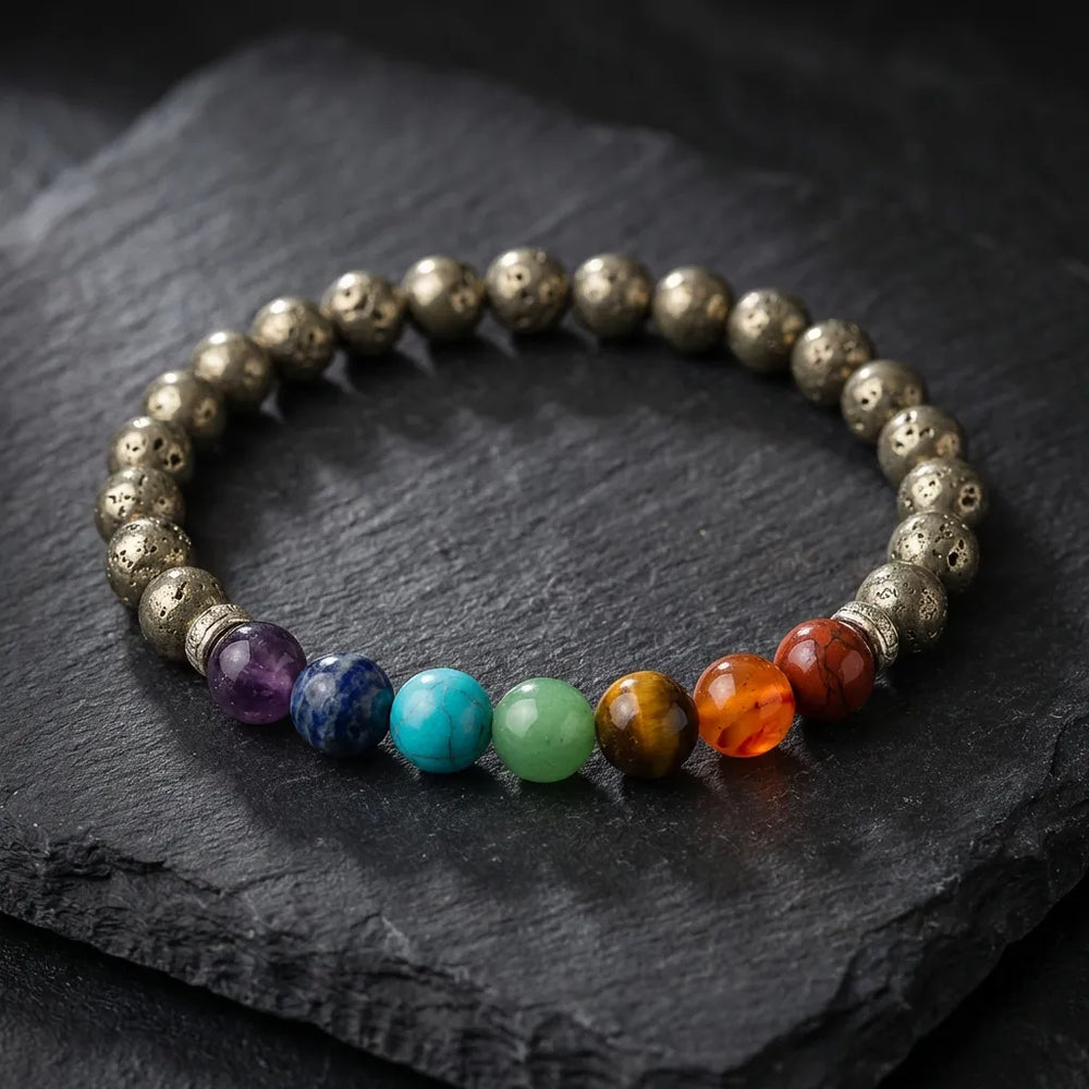 Pyrite with 7 Chakra Bracelet – Stone of Wealth, Energy & Spiritual Balance