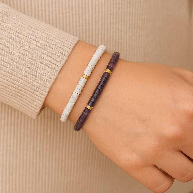 Deep healing combo with howlite and amethyst bracelets on a selenite charging plate for calm - Soultheory India