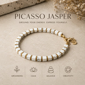 White howlite bracelet with gold hematite spacers and icons for grounding, calm and balance