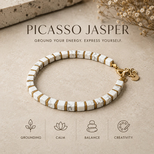 White howlite bracelet with gold hematite spacers and icons for grounding, calm and balance