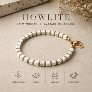 Howlite bracelet benefits guide showing grounding, calm and balance icons - Soultheory