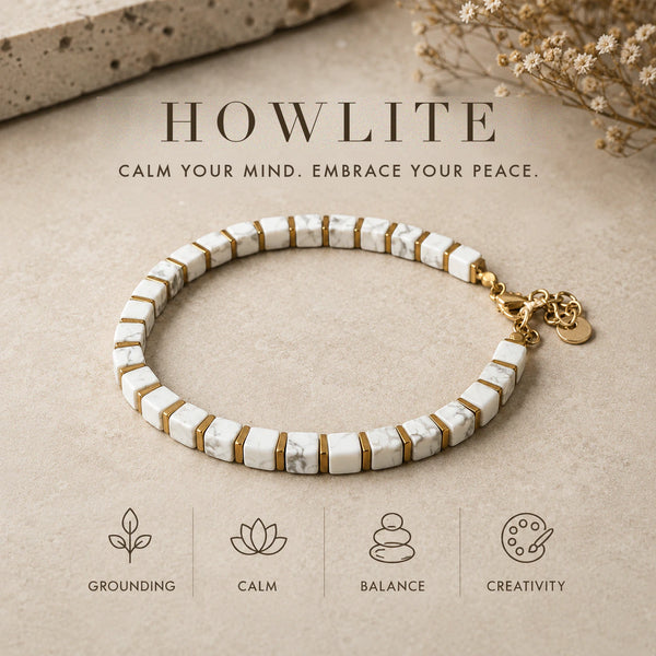 Howlite bracelet benefits guide showing grounding, calm and balance icons - Soultheory