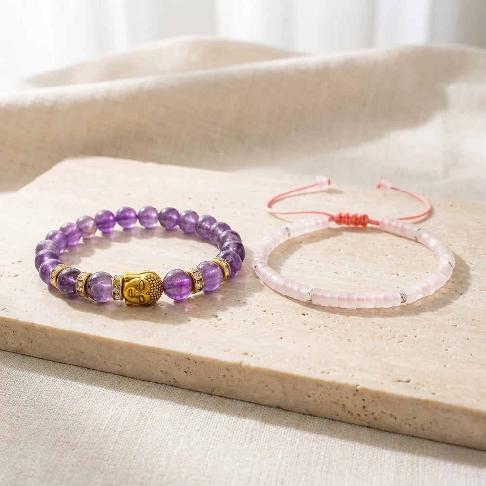 Couple Prem & Shanti Combo – His Calm x Her Love (Amethyst & Rose Quartz)