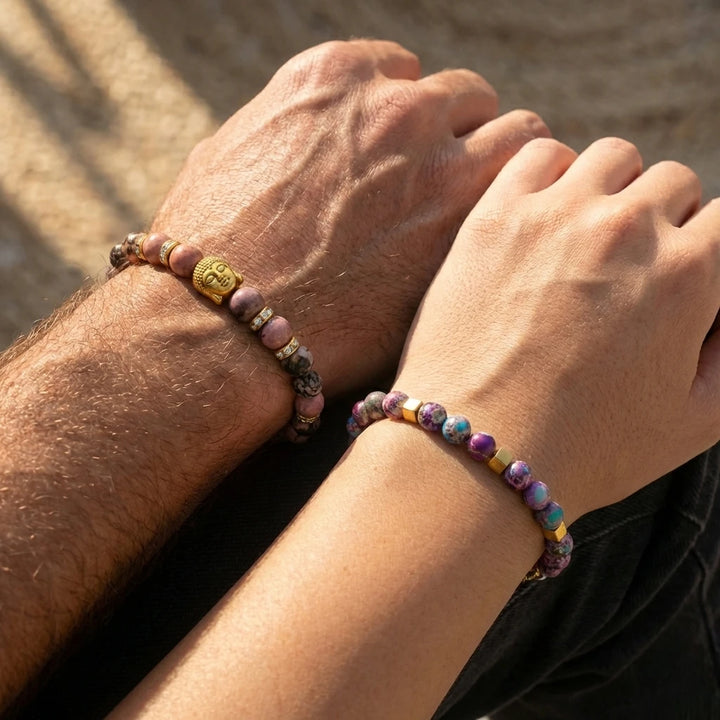Deep Healing Bond: Purple Jasper & Rhodonite Buddha Couple Combo - Soultheory certified
