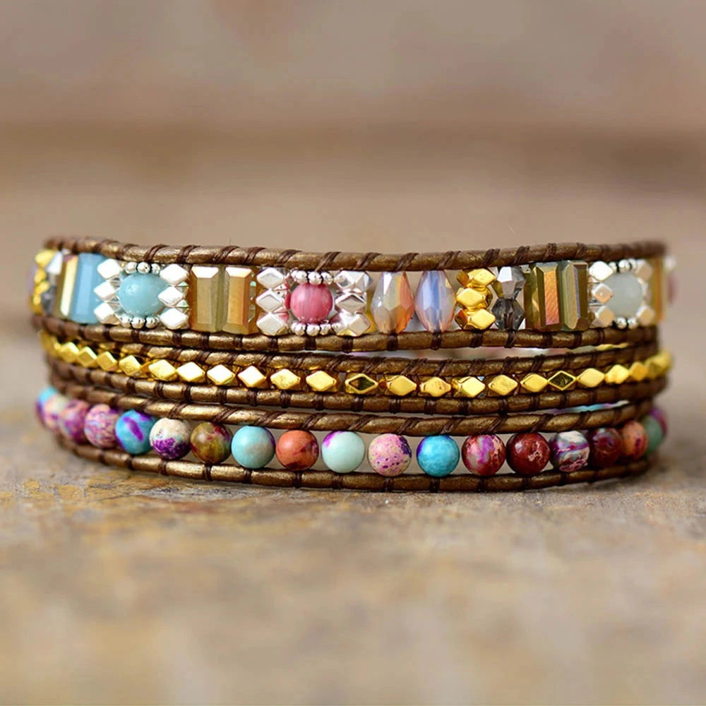 Natural imperial jasper protection wrap bracelet with leather cord and colourful stone beads - Soultheory India
