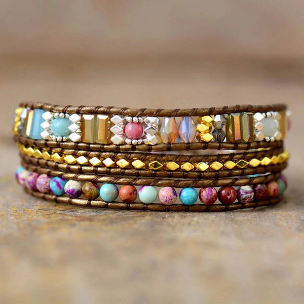 Natural imperial jasper protection wrap bracelet with leather cord and colourful stone beads - Soultheory India