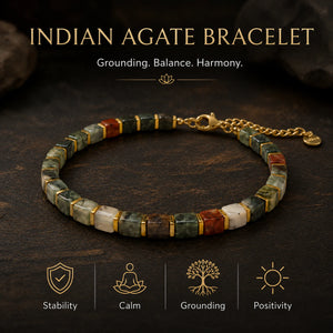 Indian agate bracelet benefits infographic showing stability, calm, grounding and positivity