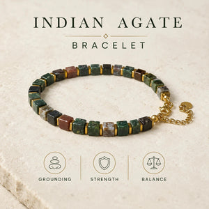 Indian agate bracelet graphic highlighting grounding, strength and balance qualities