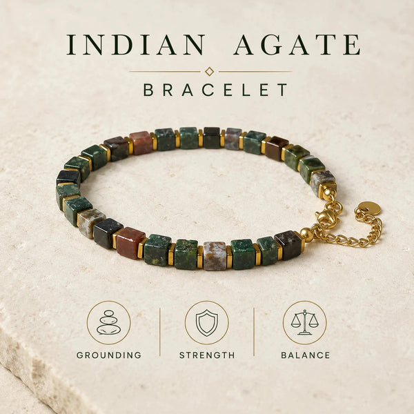 Indian agate bracelet graphic highlighting grounding, strength and balance qualities