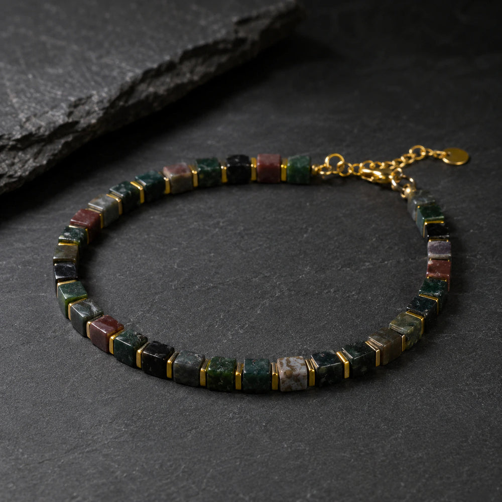 Natural Indian agate bracelet with golden hematite beads for balance and grounding - Soultheory India