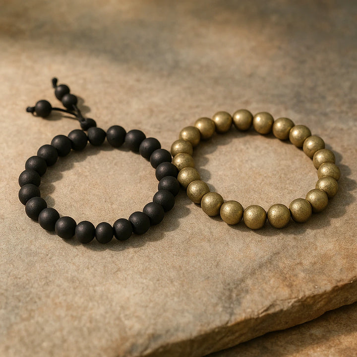 Karungali ebony wood and pyrite bracelet combo on stone for wealth and protection - Soultheory India