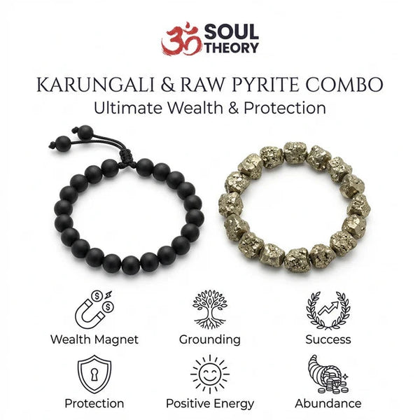Karungali and raw pyrite bracelet combo chart showing wealth magnet, grounding and abundance benefits