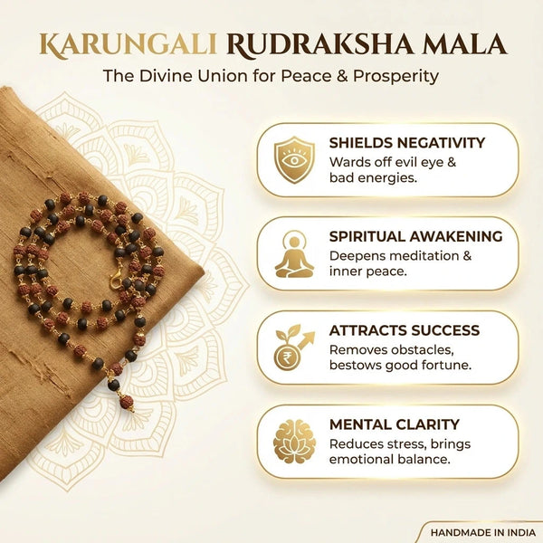 Karungali rudraksha mala on silk cloth with benefit cards for spiritual awakening and mental clarity