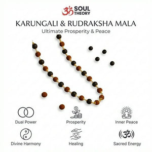 Karungali rudraksha mala benefits chart highlighting prosperity, inner peace and divine harmony
