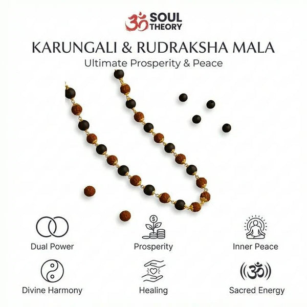Karungali rudraksha mala benefits chart highlighting prosperity, inner peace and divine harmony