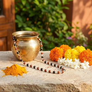 Silver capped rudraksha and karungali mala draped over a brass kalash with marigold and turmeric