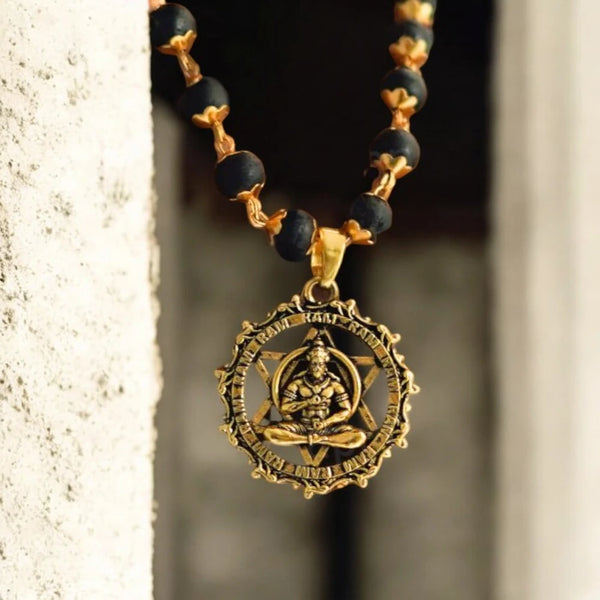 Karungali Necklace with Hanuman Gold Plated Pendant