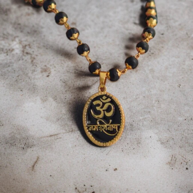 Karungali Necklace with Om Namah Shivay Gold Plated Pendant