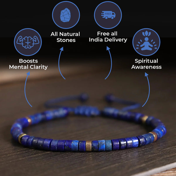 Lapis lazuli heishi bracelet infographic highlighting all natural stones and mental clarity