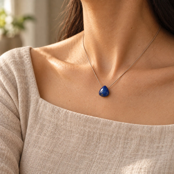 Lapis Lazuli Fine Cord Necklace - natural side-angle model photograph
